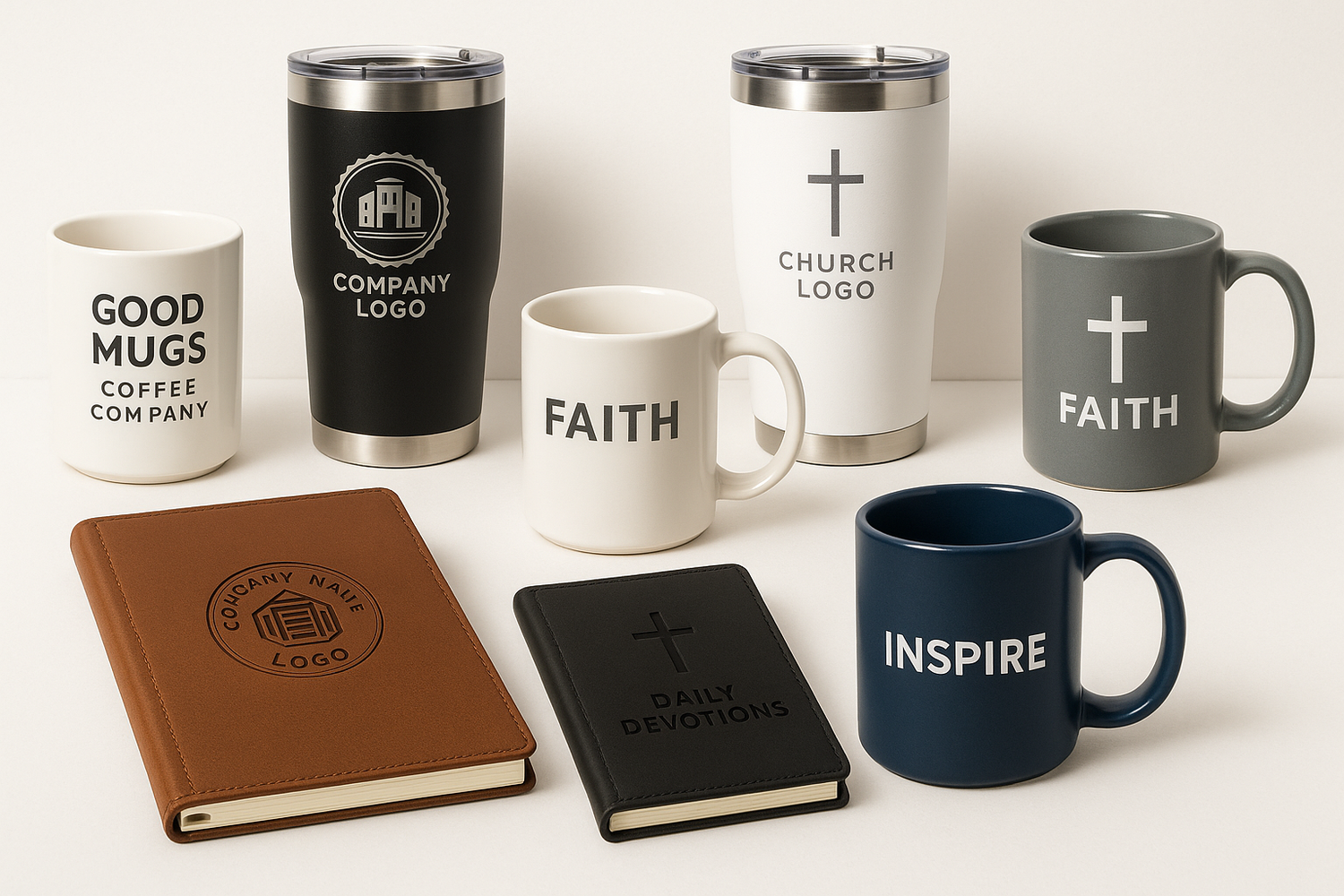 Custom logo tumblers, mugs, and journals for business & ministries
